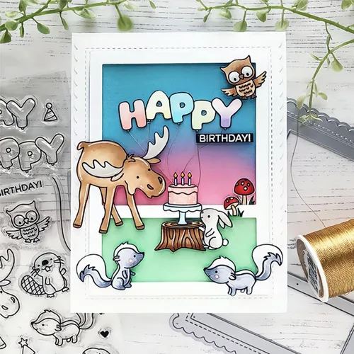 Miniatura 2 de Hooray Happy BIRTHAY - Juego de sellos y troqueles para hacer tarjetas, sellos transparentes y troqueles de corte de metal para álbumes de recortes