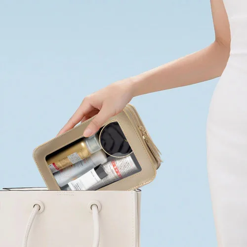Miniatura 2 de Bolsa de maquillaje transparente pequeña, aprobada por la TSA, bolsa de aseo portátil con cremallera, bolsa de viaje para cosméticos, estuche Dorado