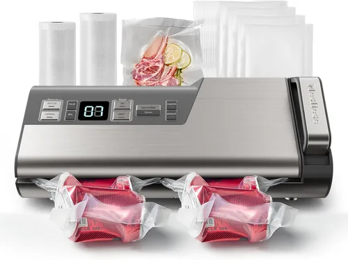 Miniatura 9 de Mesliese Máquina selladora al vacío, 95 kPa 140 W, sellador de alimentos con una sola mano, tira de doble sellado con cortador integrado y pantalla