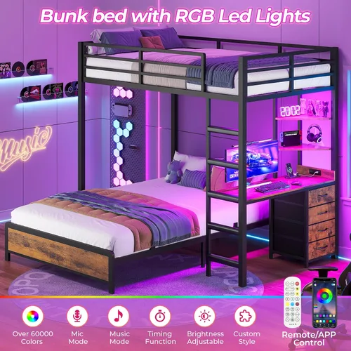 Miniatura 3 de ADORNEVE Litera individual sobre matrimonial con escritorio, literas de tamaño individual sobre matrimonial con estación de carga y luces LED