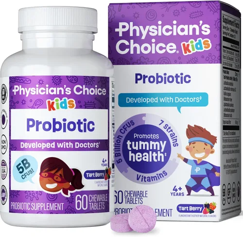 Physician's CHOICE Probióticos para niños – 7 cepas diversas, prebióticos orgánicos, vitaminas y minerales – Clínicamente estudiado L. Rhamnosus –