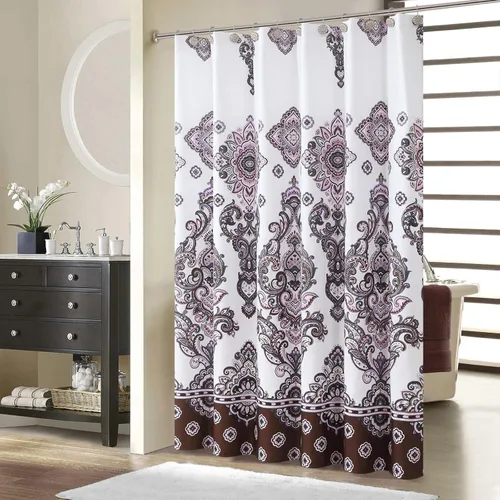 Miniatura 14 de Cortina de ducha larga de tela, cortinas de ducha de damasco bohemio con estampado de paisley en vino burdeos y oro amarillo, cortinas impermeables