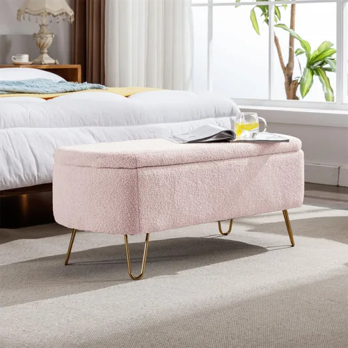 Miniatura 11 de Polibi Banco de almacenamiento, banco otomano de piel sintética con patas doradas, acolchado tapizado con almacenamiento para lado de la cama, Azul