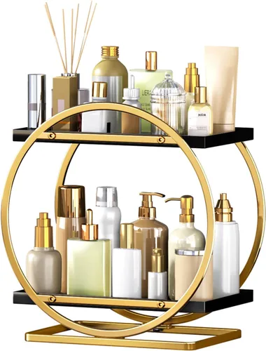 Miniatura 8 de Organizador de Maquillaje para Tocador, Organizador de Perfumes Negro Dorado para Cómoda, Organizadores de Encimera de Baño de 2 Niveles, Estante