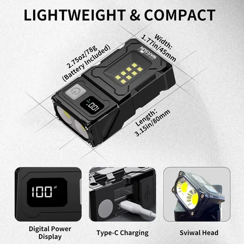 Miniatura 3 de WARSUN DC08 linterna LED recargable giratoria, luz de trabajo mini de 800 lúmenes, pequeña linterna EDC con clip para la espalda, linterna Negro