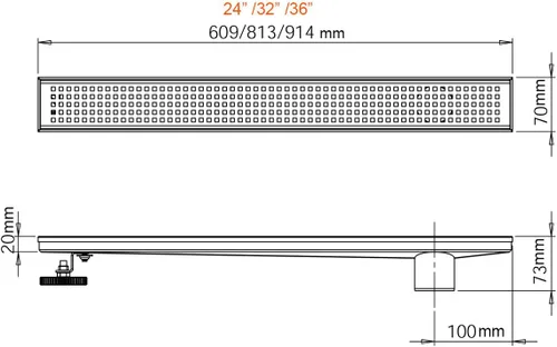 Miniatura 3 de Neodrain Desagüe de ducha lineal de salida lateral descentrada de 36 pulgadas con cubierta de rejilla de patrón Quadrato, drenaje de piso de ducha