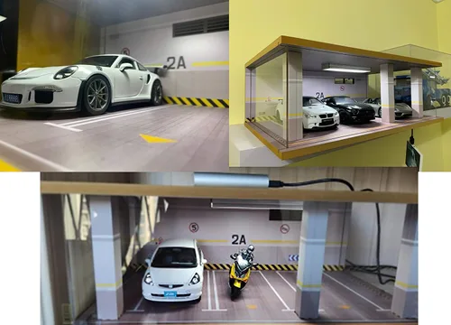 Miniatura 4 de Vitrina de garaje de coche fundido a presión a escala 1:24 con cubierta acrílica transparente e iluminación LED para 3 espacios de estacionamiento