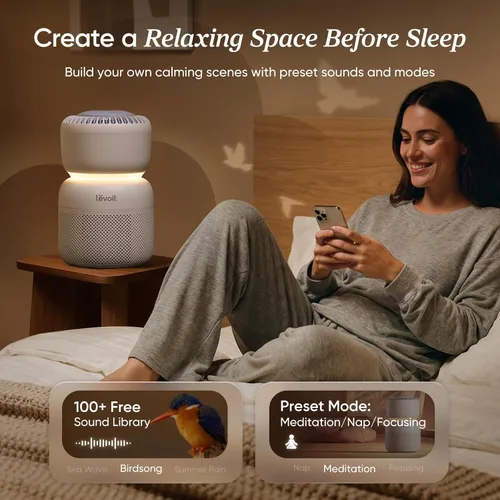 Miniatura 4 de LEVOIT - Purificador de aire para dormitorio del hogar con filtro HEPA, máquina de sonido de ruido blanco y luz nocturna libre de luz azul para un