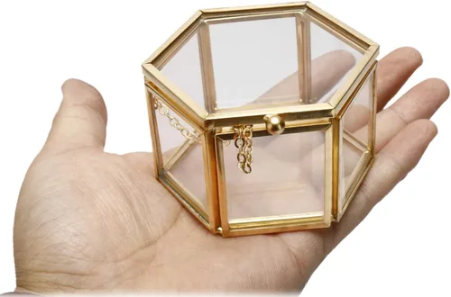 HighFree Caja de anillo vintage de vidrio de cobre, organizador de joyas geométricas doradas hexagonales, caja pequeña para almacenamiento de