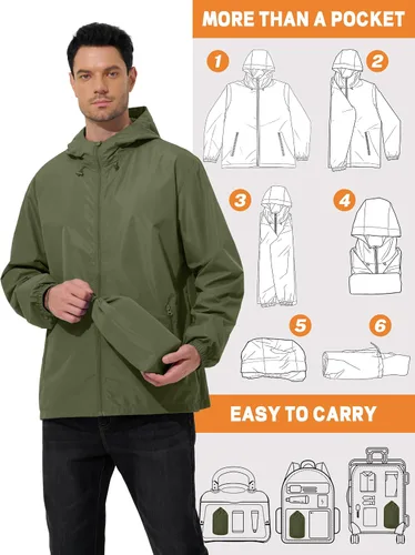 Miniatura 5 de UIQUR Chaqueta impermeable para hombre, ligera, rompevientos, impermeable, ciclismo, correr, senderismo, equipamiento con capucha plegable
