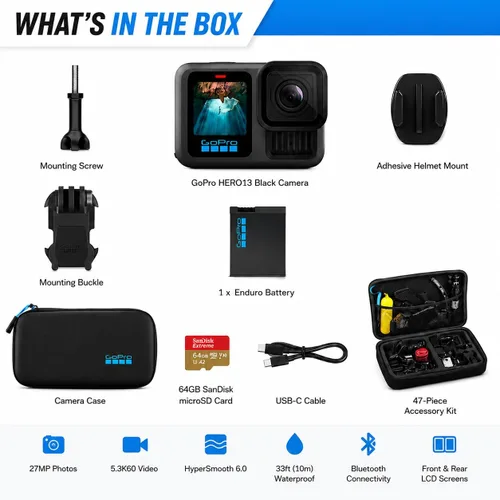 Miniatura 2 de GoPro HERO13 - Cámara de acción impermeable negra con video de 5.3K60, fotos de 27 MP, batería Enduro de 1900 mAh, tarjeta microSD SanDisk de 64 GB