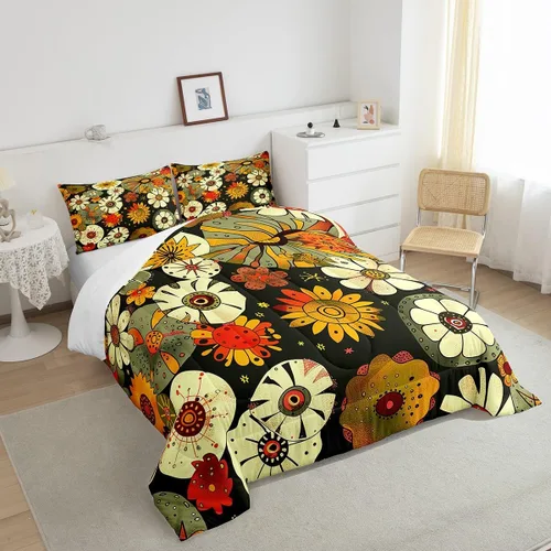 Miniatura 2 de Ropa de cama Groovy para niños, tamaño individual, edredón de flores psicodélicas retro de los años 70, estilo bohemio, exótico, hippie