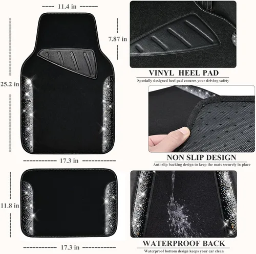 Miniatura 4 de CAR PASS - Alfombras de coche con diamantes brillantes, alfombrillas de suelo de diamantes de imitación con purpurina brillante con almohadilla
