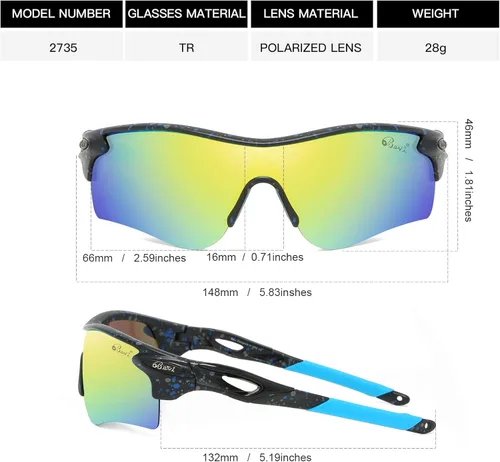 Miniatura 2 de Bevi Lentes de sol deportivos polarizados TR90, marco duradero y ultraligero para hombres y mujeres, béisbol, correr, ciclismo, golf Amarillo Azul