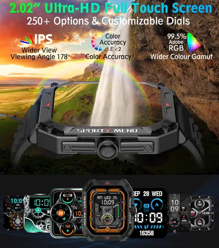 Miniatura 2 de Reloj inteligente militar para hombres (respuesta/hacer llamadas) 2.02 pulgadas reloj inteligente con frecuencia cardíaca y oxígeno en sangre