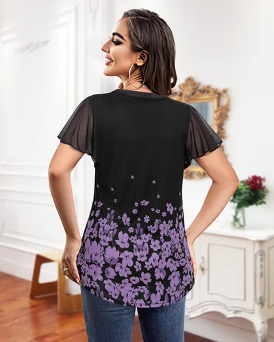 Miniatura 2 de VALOLIA Blusas de verano para mujer, cuello en V, manga corta, volantes, blusas de doble capa, camisas elegantes florales
