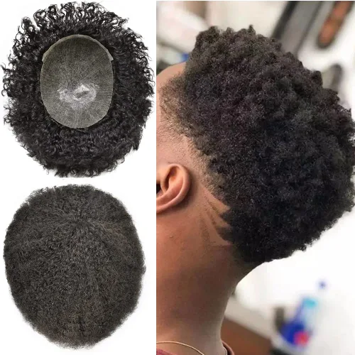 Miniatura 10 de Afro Toupee para hombres negros, duradero sistema de reemplazo de cabello con base de piel de polietileno completo para afroamericanos inyectados PU