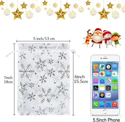 Miniatura 2 de HRX Package 100 bolsas de organza de copo de nieve de Navidad de 5 x 7 pulgadas, bolsas de regalo de malla con cordón blanco para joyas, dulces