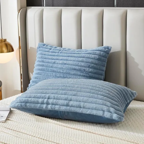 Miniatura 11 de Juego de 2 fundas de almohada para cama tamaño king, fundas de cojín rectangulares lumbares con diseño de rayas, forro de piel de conejo sintética