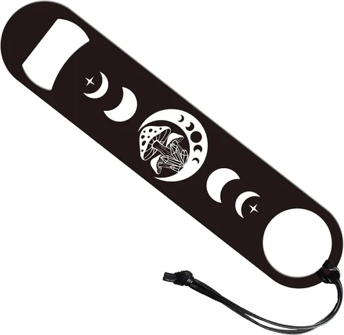 GLOBLELAND Abridor de botellas de acero inoxidable de 7 pulgadas de fase lunar y hongos con cable de poliuretano para barman, abridor de botellas de