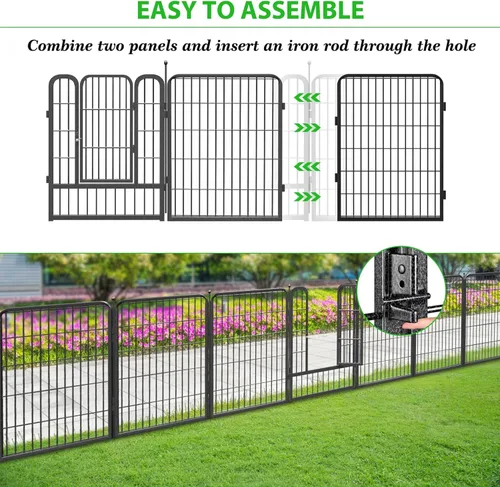 Miniatura 6 de Valla decorativa de metal negro para jardín con puerta, 36 pies de largo x 32 pulgadas de alto, 16 paneles de valla sin excavación, valla de barrera