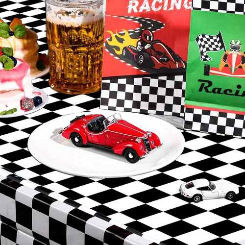 Miniatura 5 de 3 hojas de manteles desechables a cuadros en blanco y negro para fiesta de automóvil de carreras, 54 x 108 pulgadas, mantel rectangular de plástico