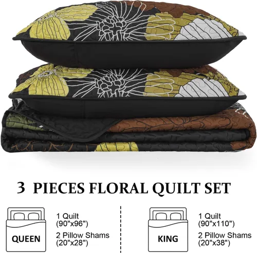 Miniatura 7 de Anibedding Juego de edredón tamaño Queen, colcha floral negra tamaño Queen, juego de colcha de flores bohemias con 2 fundas, juego de edredón de 3