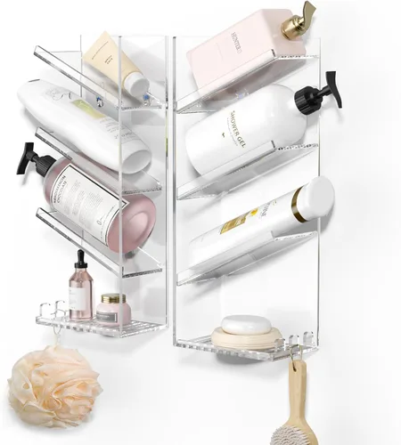 AITEE Organizador de Baño Acrílico Caddy, Soporte Transparente para Champú Montado en la Pared, Organizador de Ducha con Ventosa, Sin Perforaciones