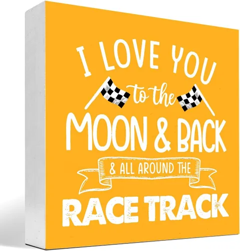 Miniatura 10 de Letrero de madera "I Love You To The Moon And Back And All Around The Race Track" para decoración de escritorio, letrero de caja con banderas a