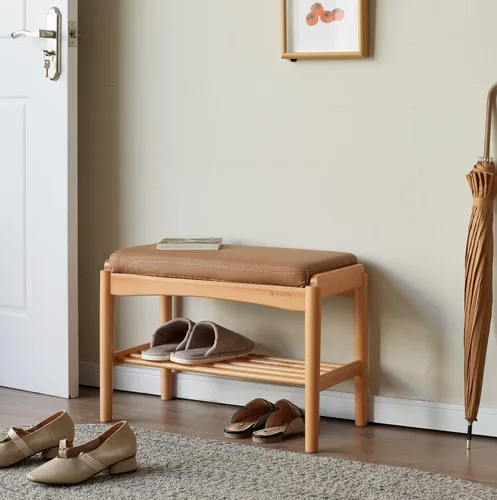 Banco de zapatos de madera maciza montado, banco de zapatos con cojín de cuero de silicona para entrada, sala de estar, dormitorio, pasillo, 11.8 x