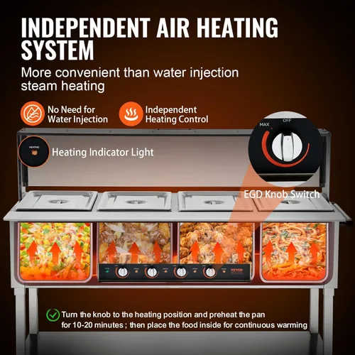 Miniatura 4 de Vevor - Calentador de alimentos comercial de 4 bandejas, mesa de vapor eléctrica de 4 x 20.6QT, calentador de alimentos para buffet de catering