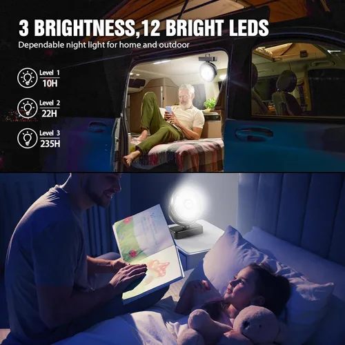 Miniatura 5 de Ventilador portátil de campamento con linterna LED, ventilador de batería recargable de 40 horas de trabajo con gancho para colgar para tienda