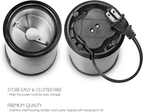 Miniatura 4 de FSM Molinillo de café eléctrico y molinillo de especias con sistema de bloqueo de seguridad, acero inoxidable con tapa transparente y base