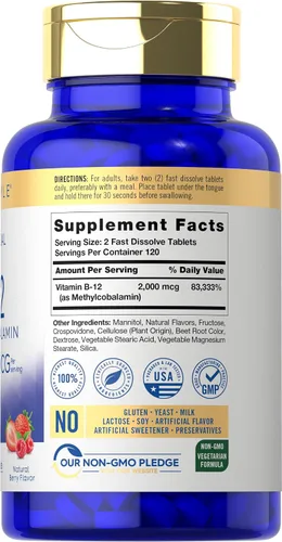 Miniatura 2 de Carlyle Vitamina B12 de 2000 mcg 240 tabletas de disolución rápida Metilcobalamina sublingual Sabor a bayas Suplemento vegetariano, sin OMG