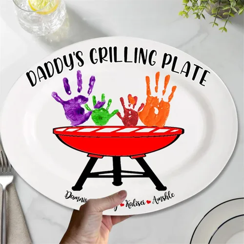 Miniatura 3 de Plato personalizado para asar para papá con nombres de niños, arte infantil, placa de servicio de impresión de mano para la familia, placa de Plato