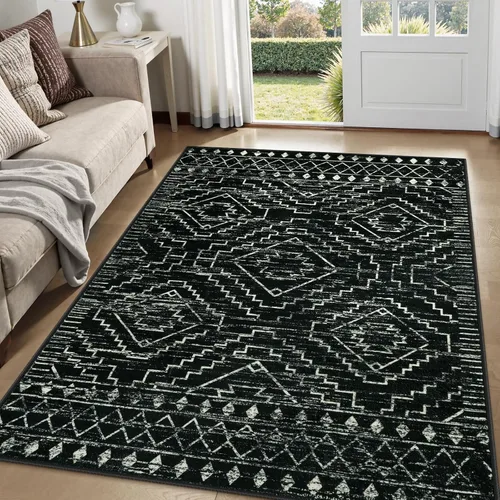 Wonnitar Alfombra marroquí lavable de 5 x 7 pies, color negro, alfombra grande para sala de estar, antideslizante, bohemio, para dormitorio,
