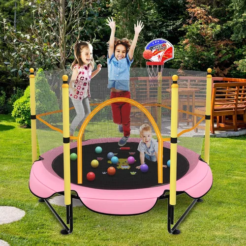 Miniatura 7 de Trampolín de 5 pies para niños pequeños con red de seguridad, mini aro de baloncesto, tapete de salto para equipo de entretenimiento en el hogar