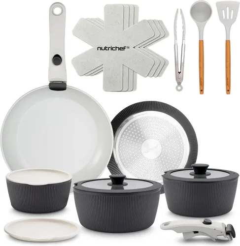 Miniatura 9 de NutriChef - Juego de 18 piezas de utensilios de cocina de cerámica con mangos desmontables, ollas y sartenes antiadherentes, revestimiento de Crema
