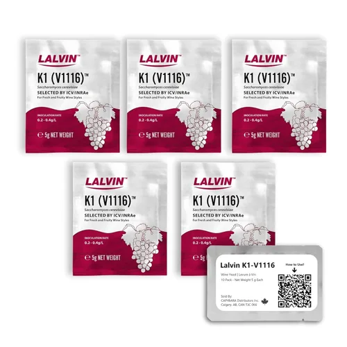 Lalvin K1-V1116 Levadura de vino (paquete de 5) - Hacer Mead de Sidra de Vino Kombucha en casa - 0.18 oz Sobres - Saccharomyces cerevisiae - Vendido