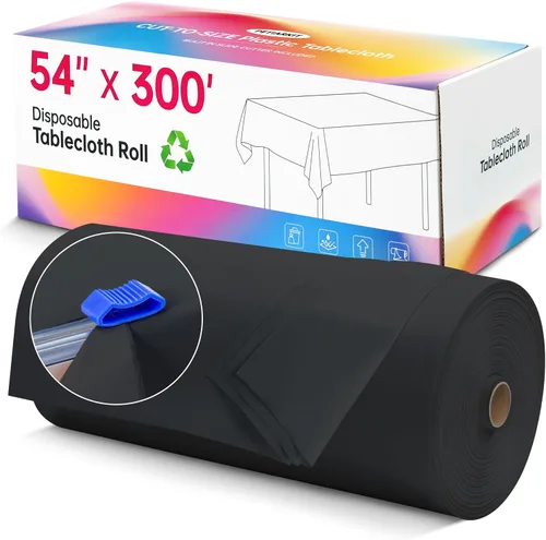 Mantel de plástico desechable, rollo de mantel negro de 54 pulgadas x 300 pies, mantel desechable con cortador deslizante para mesas redondas