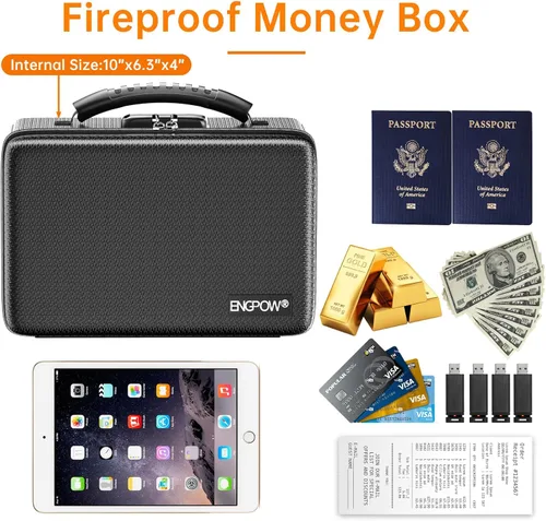 Miniatura 6 de ENGPOW Caja de dinero ignífuga, pequeña caja rígida ignífuga con cremallera y cerradura ignífugas, 6400 °F con aislamiento térmico resistente al