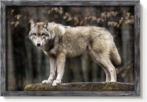 Miniatura 8 de Arte de Pared Enmarcado de Lobo: Pintura Moderna de Animales Salvajes de Madera Rústica Natural Imagen de Vida Silvestre Obra de Arte de Lobo Gris