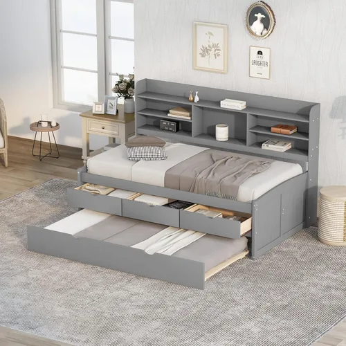 Miniatura 3 de Sofá cama versátil con 3 cajones de almacenamiento y nido, cama capitán de madera de tamaño individual con estantes integrados para sala de estar