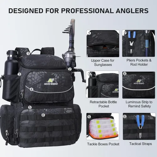 Miniatura 5 de N NEVO RHINO Mochila de aparejos de pesca con soportes para caña, bolsa de pesca grande de 40 L con cubierta impermeable para lluvia, bolsa