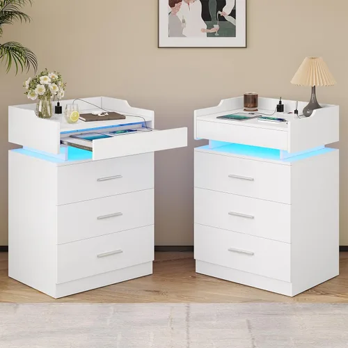 Miniatura 8 de BTHFST Mesita de noche grande con estación de carga y luces LED, mesita de noche negra con 3 cajones y 1 bandeja extraíble, mesa auxiliar