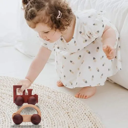 Miniatura 4 de 2 piezas de sonajero de madera orgánica coches de madera de empuje juguetes Montessori educativos de madera natural juguetes inspirados bebé recién