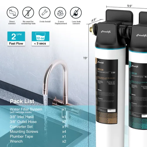 Miniatura 5 de Frizzlife Sistema de filtro de agua DW15 para debajo del fregadero, elementos certificados NSF/ANSI 53 y 42, reduce el 99.99% de plomo, cloro