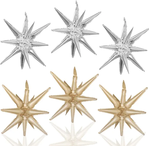 Miniatura 32 de 6 Globos de Papel de Aluminio con Forma de Estrella Negra de Una Pieza, Globo de Estrella de 14 Puntas 4D Cono Starburst de Mylar de 22 Pulgadas