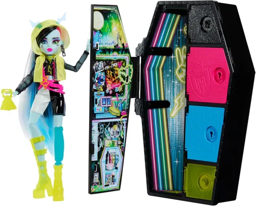 Monster High Skulltimate Secrets Neon Frights Muñeca y accesorios, Frankie Stein con vestidor y más de 19 sorpresas