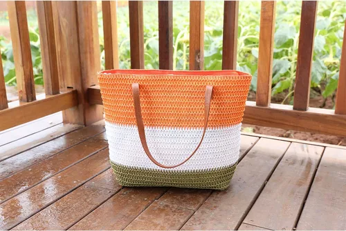 Miniatura 68 de Bolso grande de paja para mujer, tejido de ratán, bolso de playa de verano, a rayas